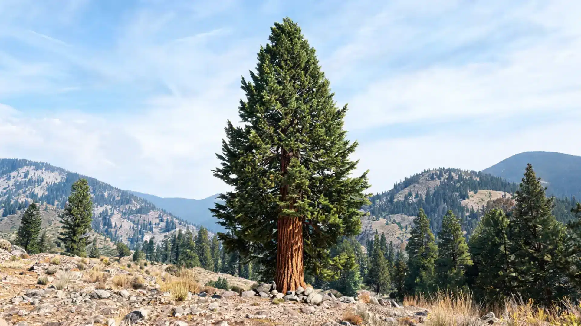 a tall narrow incense cedar tree with reddish bark rising above a forested mountain valley