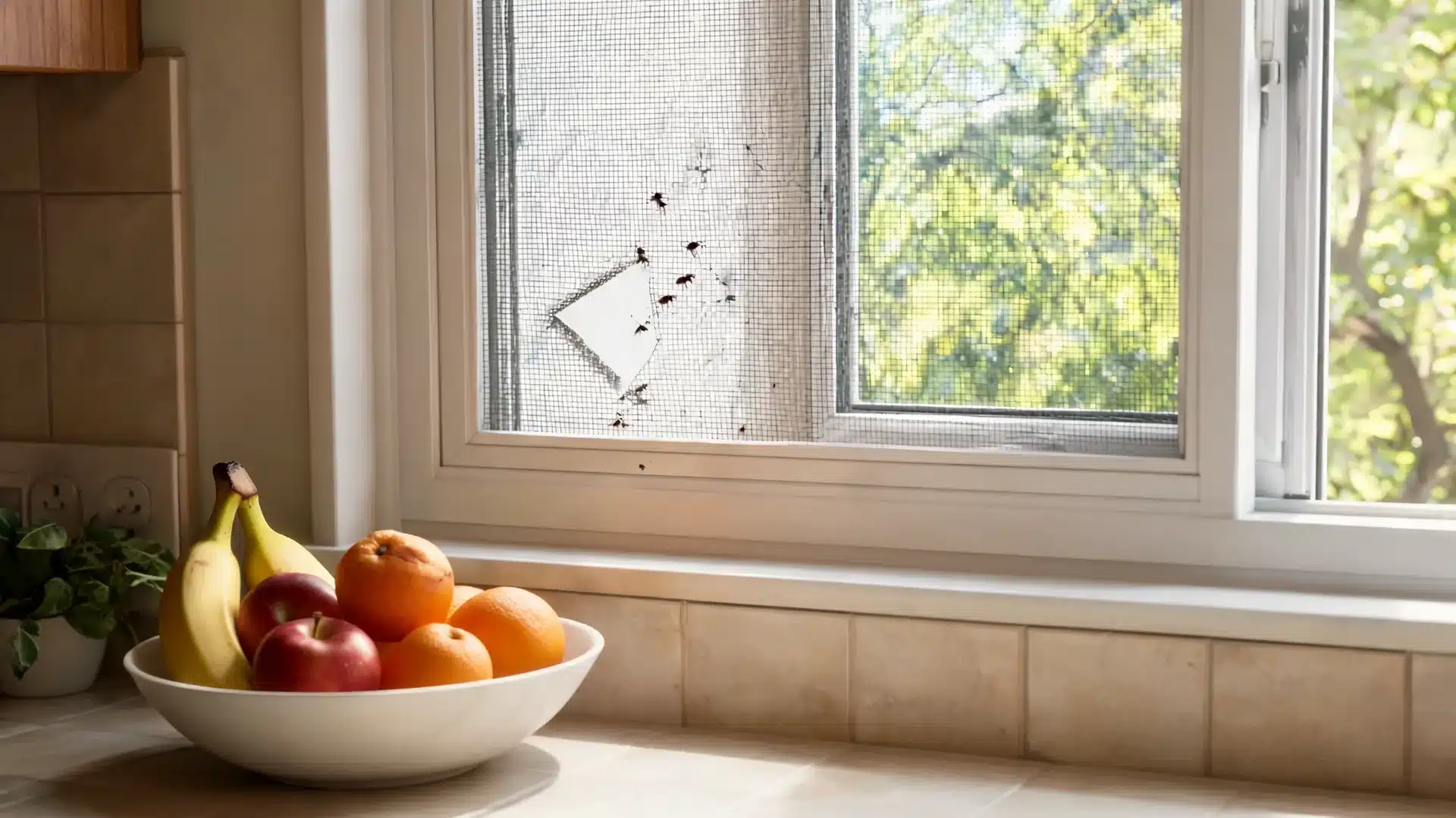 a torn kitchen window screen shows where fruit flies come from as they enter near a bowl of fruit