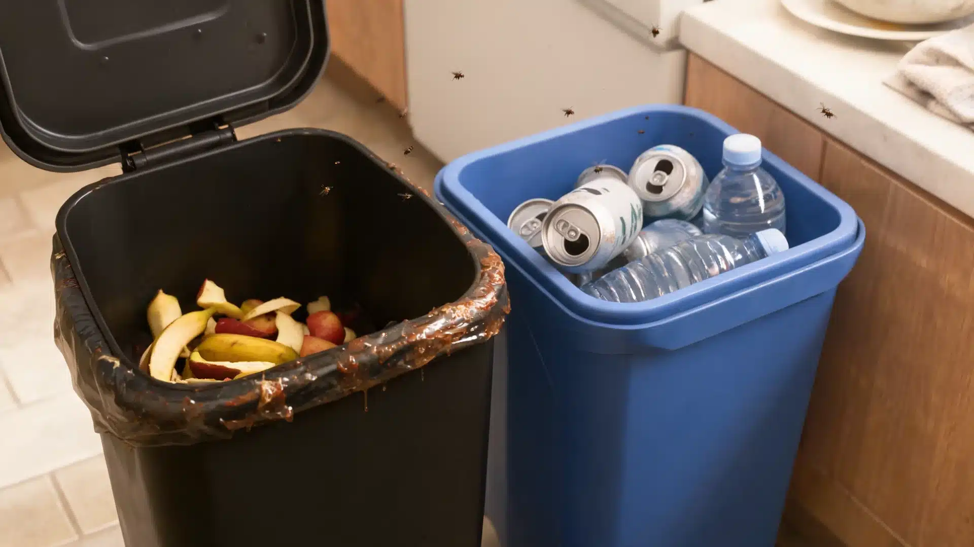 a trash can and recycling bin show where do fruit flies come from when fruit peels and sticky containers sit out