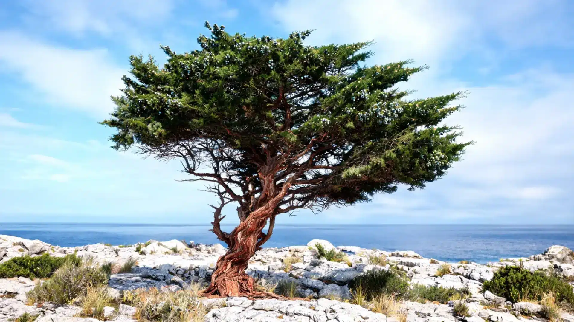 a windswept bermuda cedar tree with a gnarled twisted trunk growing on a rocky coastal cliff