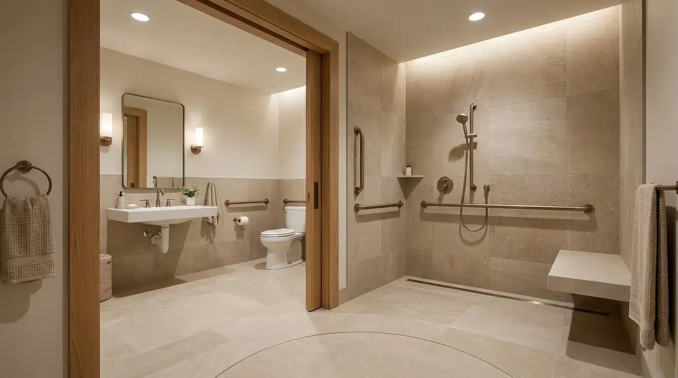 accessible bathroom with wide doorway roll in shower grab bars and open turning space