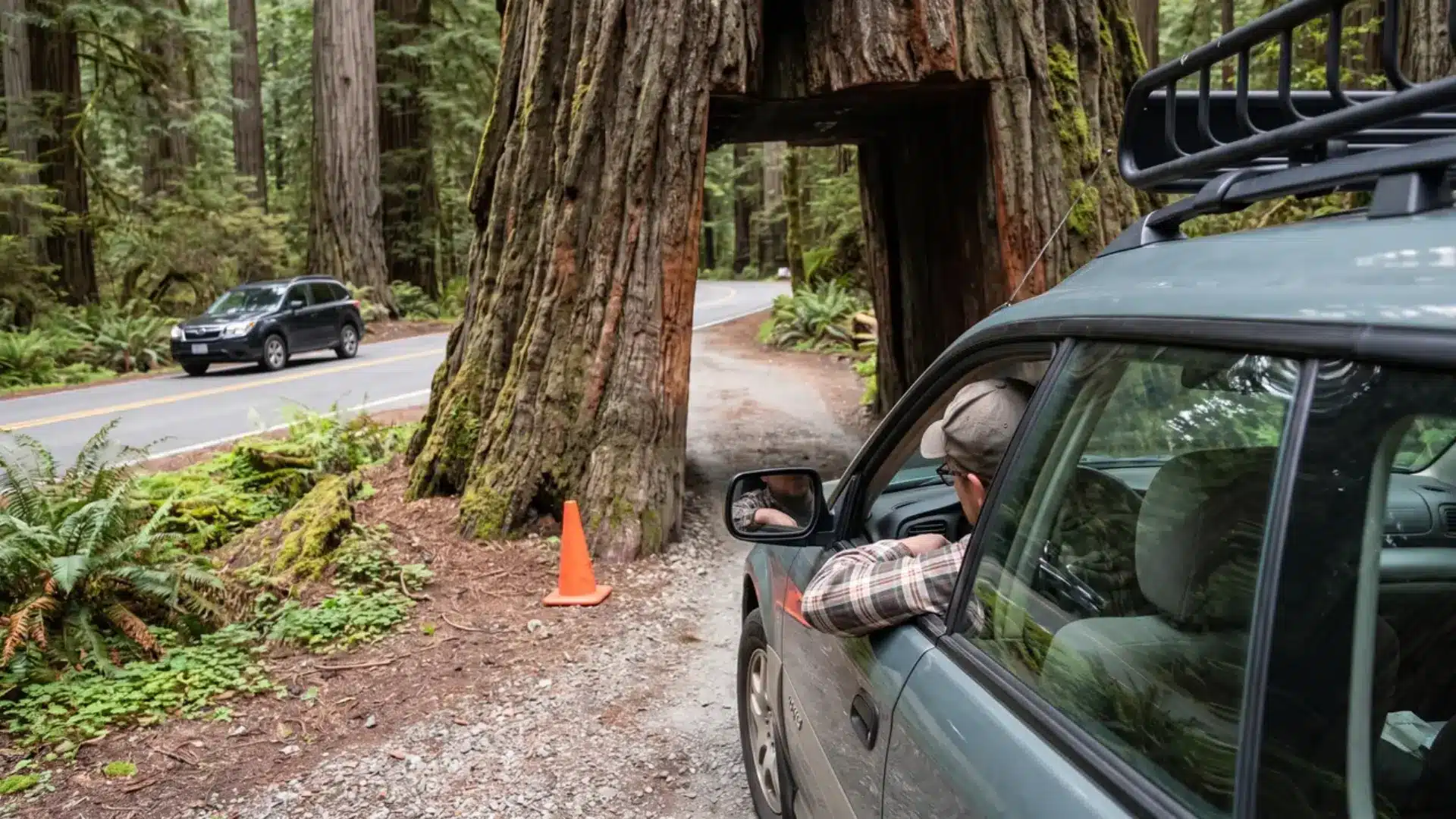 wide vehicle stuck inside a narrow drive-through tree tunnel as visitors look on from the forest road