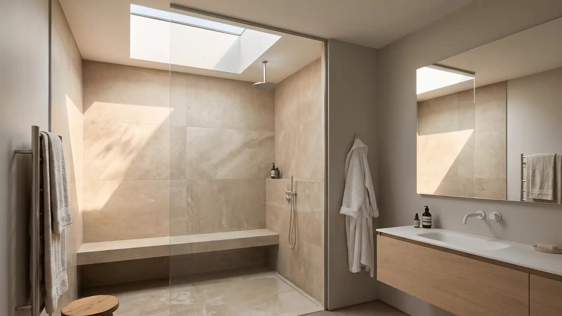 doorless shower with skylight, long bench, and natural daylight