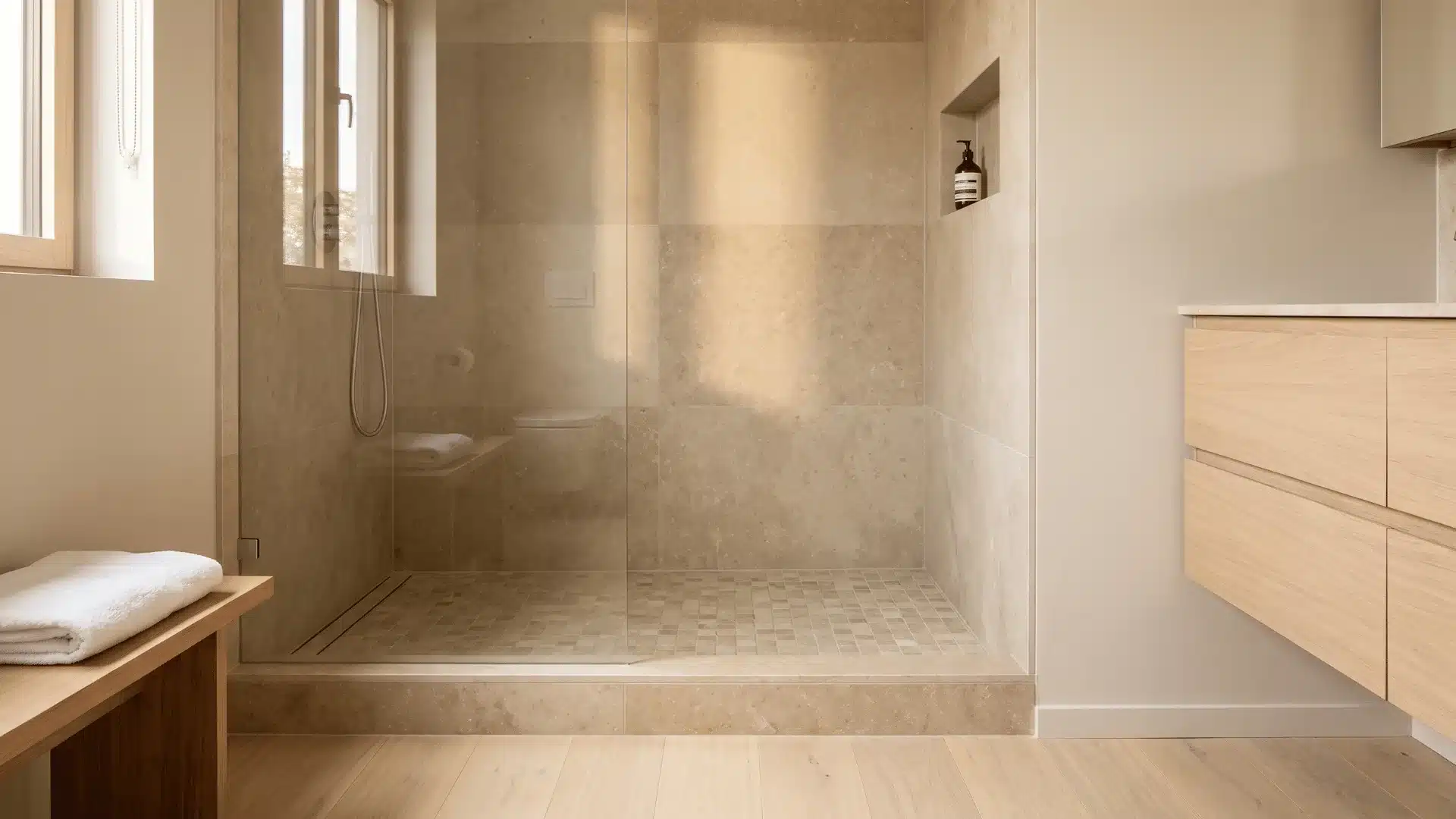 doorless shower with slim tiled curb, bench, niche, and glass panel