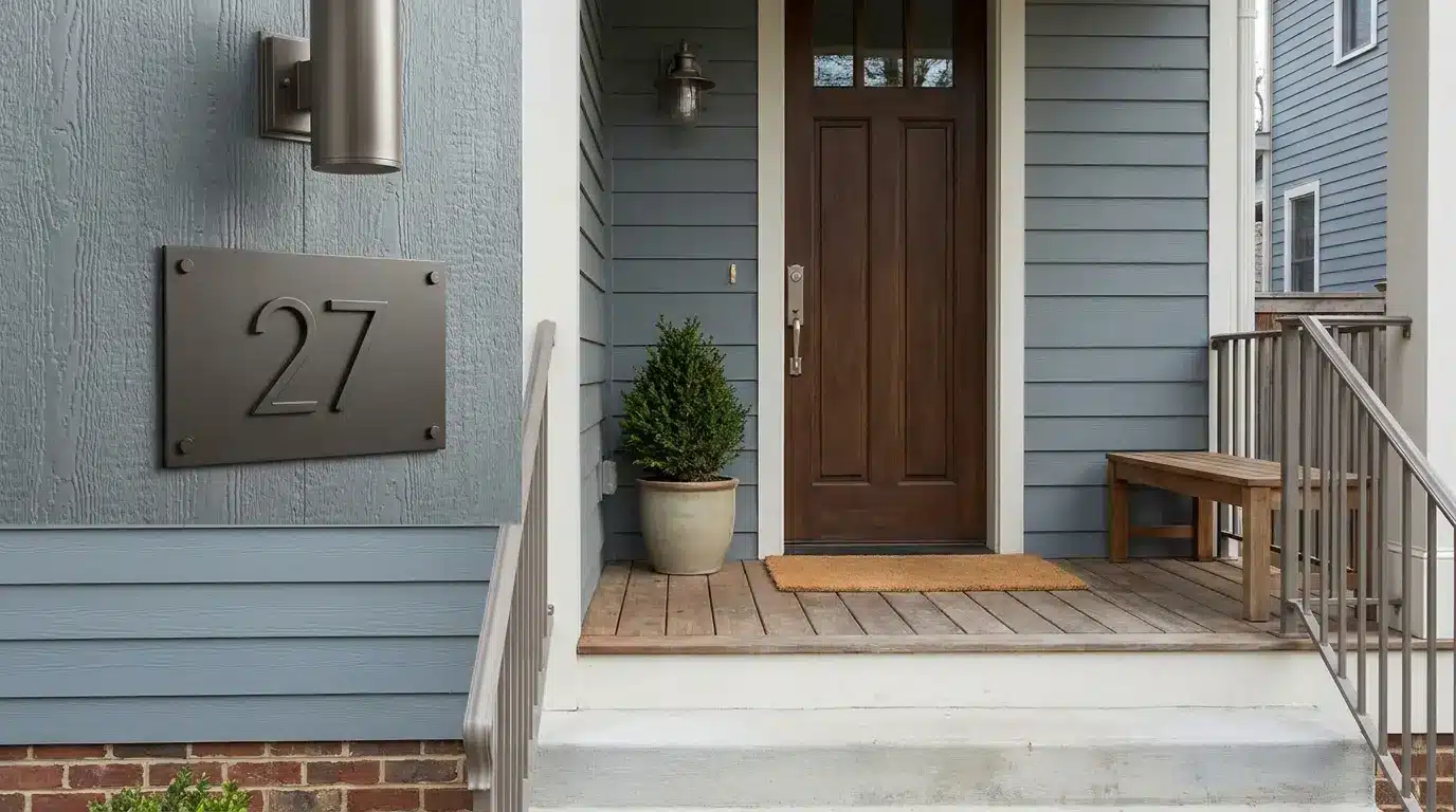 house number 27 plaque beside a wood door blue siding planter and simple porch bench