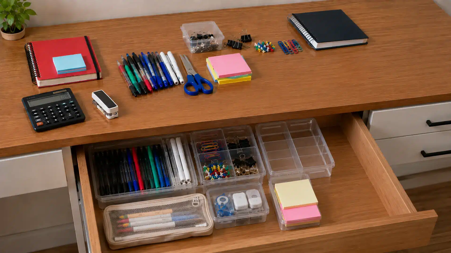person fitting different sized organiser trays into a wooden drawer for stationery and cables