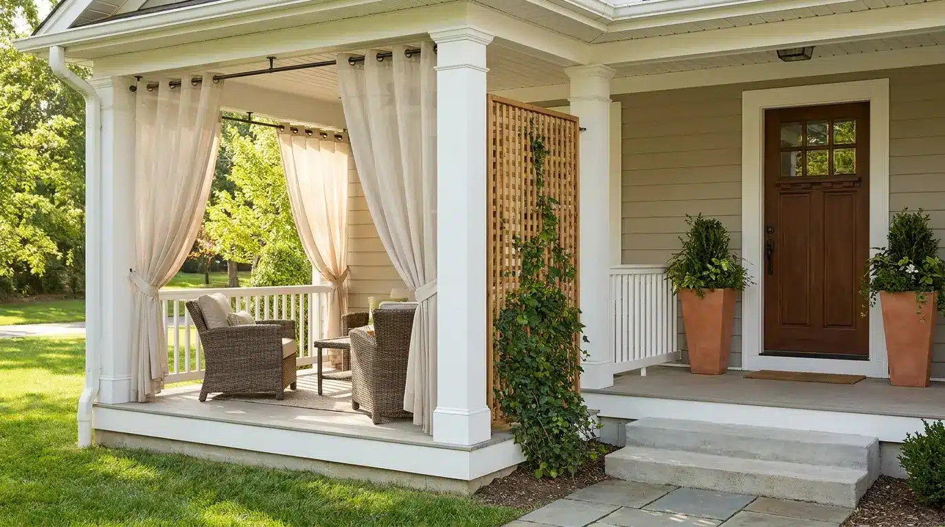 add porch privacy with outdoor curtains climbing lattice tall planters and open seating