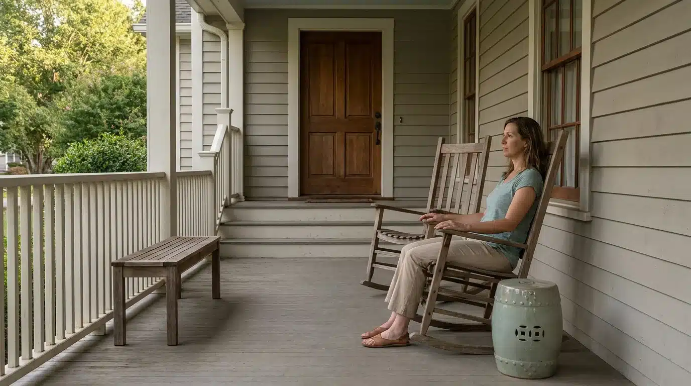 woman seated in a wooden rocking chair with a slim bench and garden stool