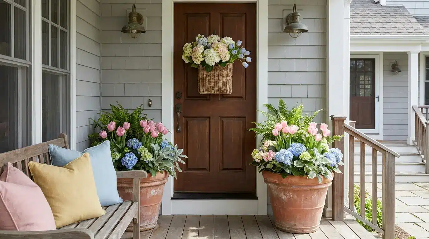 spring porch with tulips hydrangeas pastel cushions and flower basket on door