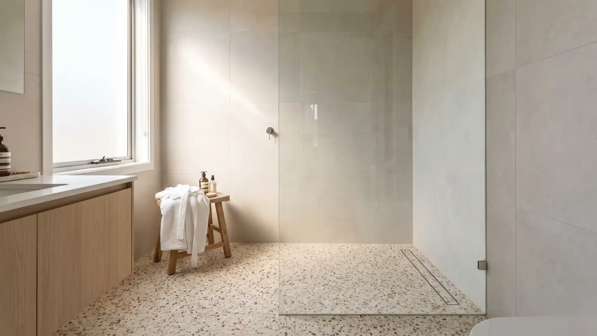 doorless shower with terrazzo floor, glass panel, and wooden stool