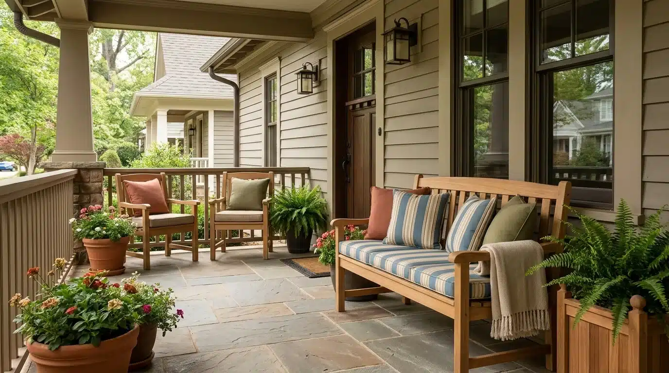 add weather resistant pillows and throws to wood porch seating with ferns and flower planters