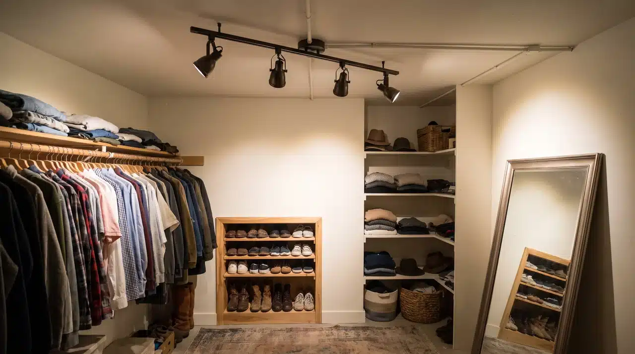 adjustable track lighting aimed at clothes shelves shoes and a closet mirror