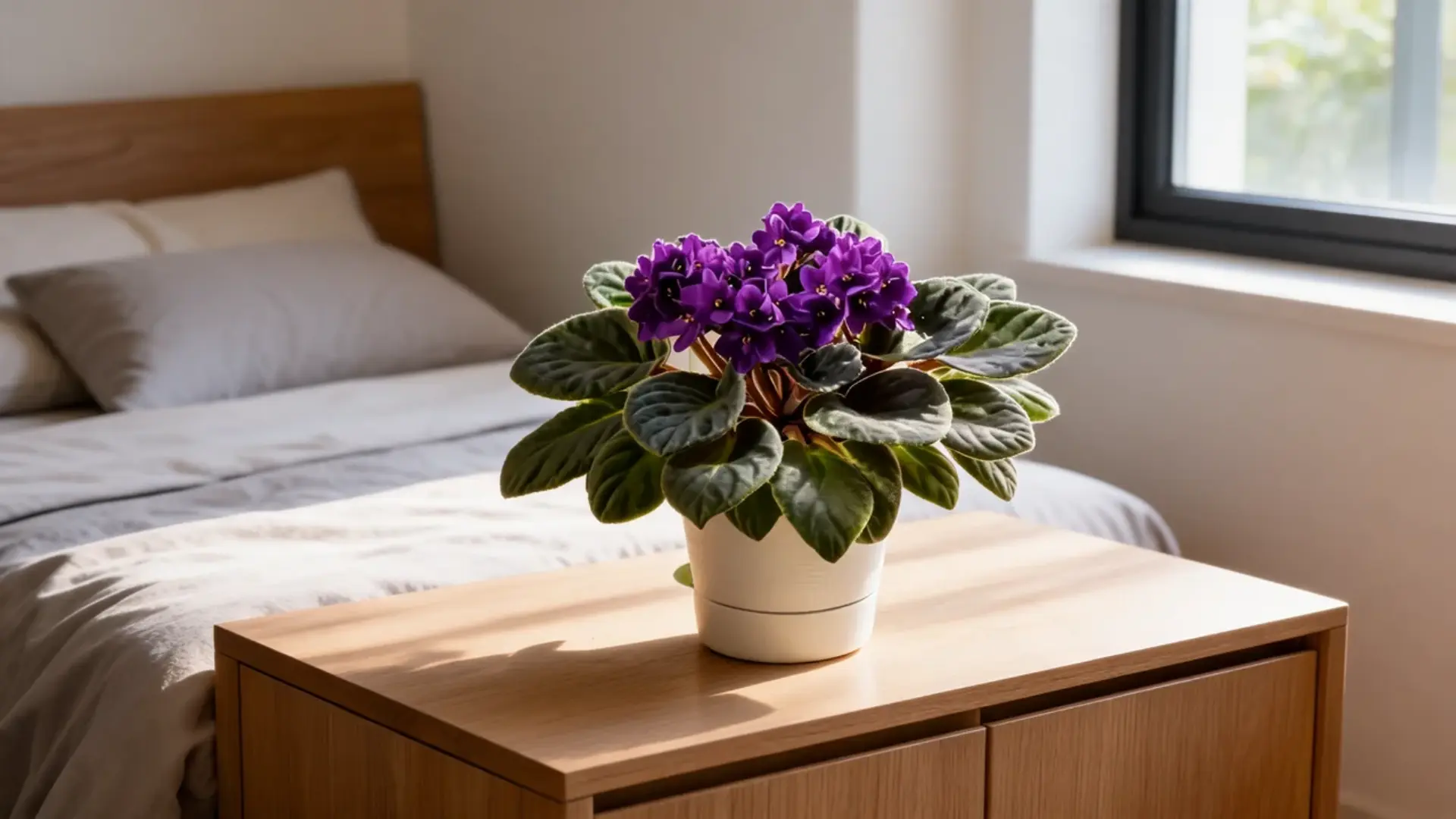african violet with purple flowers in a white pot on a wooden dresser beside a bright bedroom window