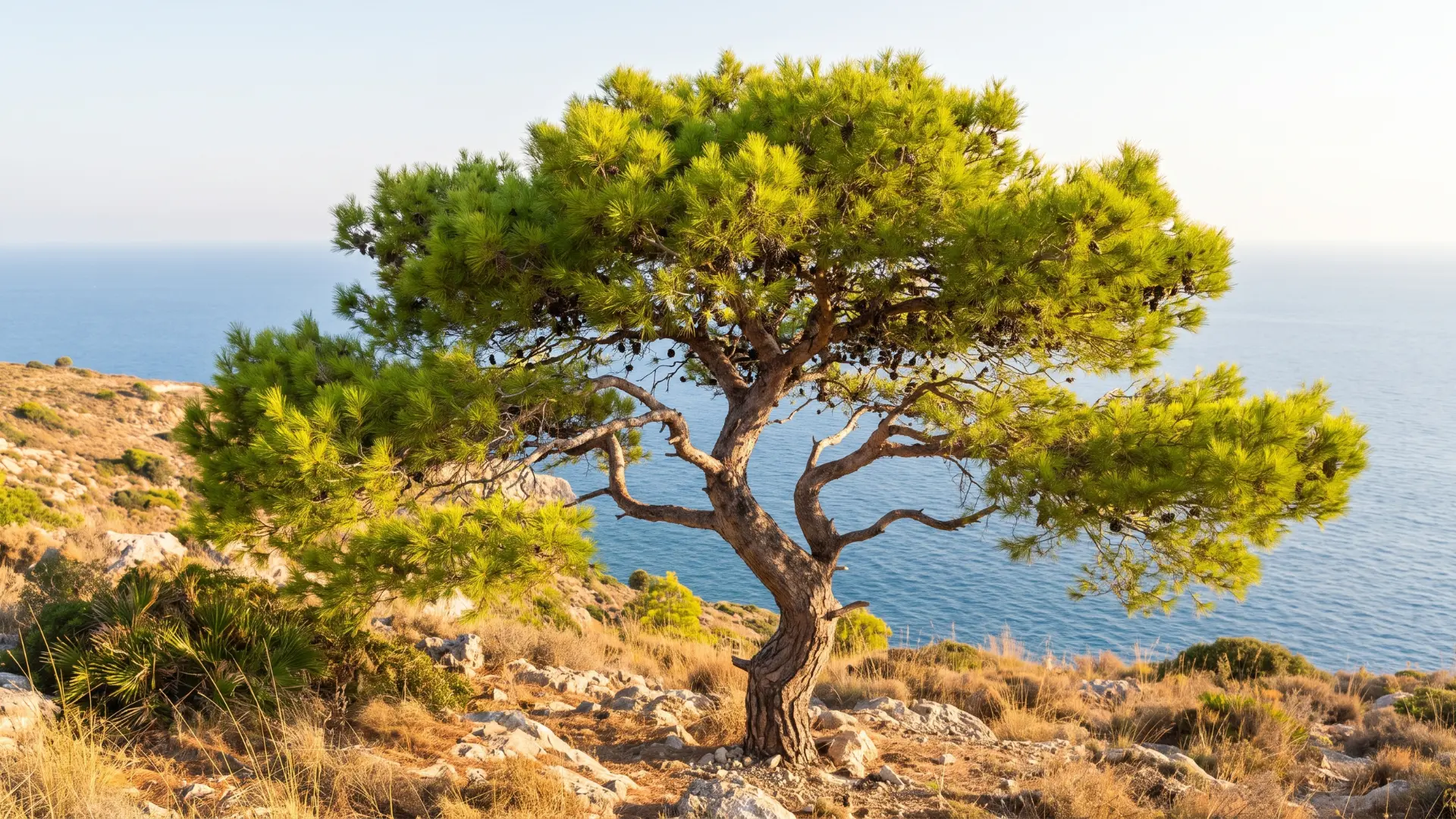 aleppo pine with light green needles gray brown bark and an airy crown in dry mediterranean landscapes