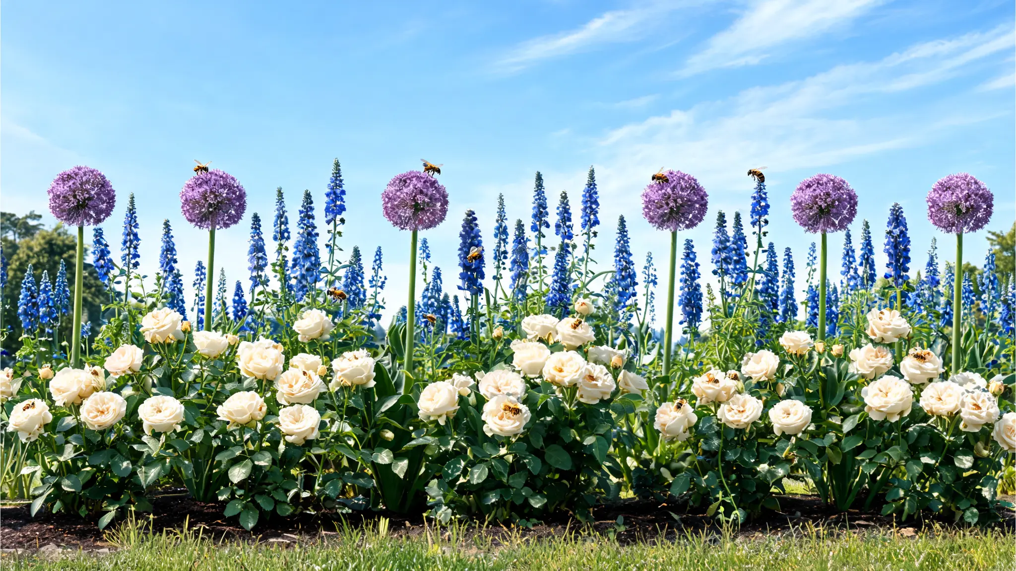 allium and salvia rose companion plants adding height beside cream roses