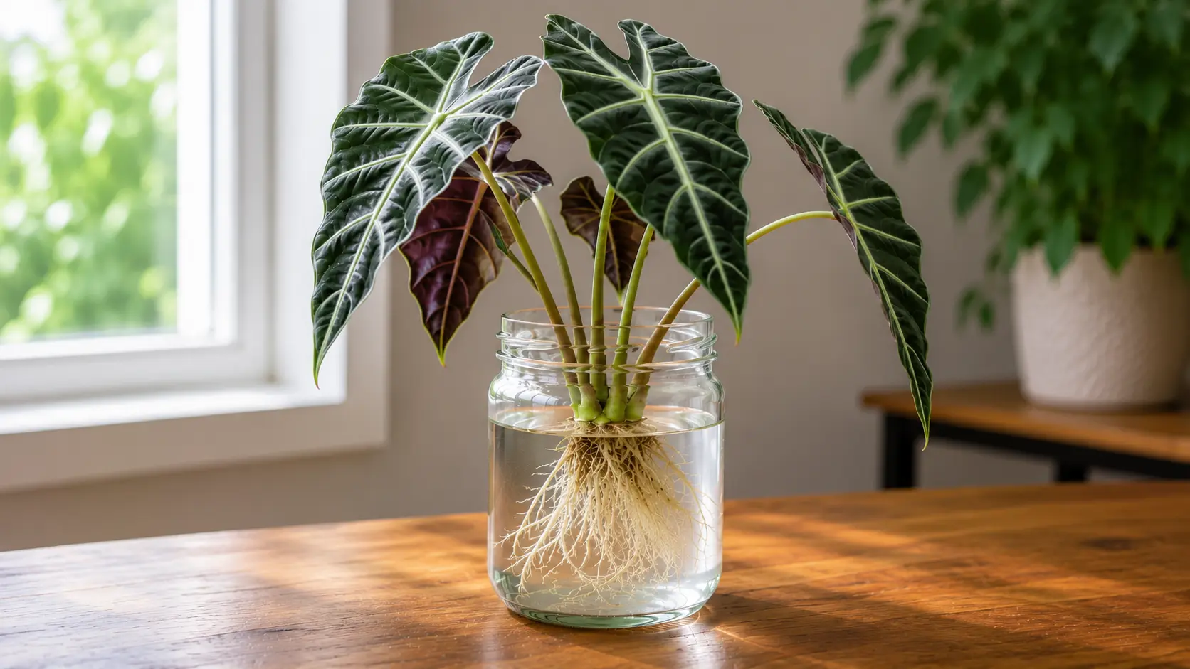 green heart-shaped leaves with prominent yellow veins in a dark pot