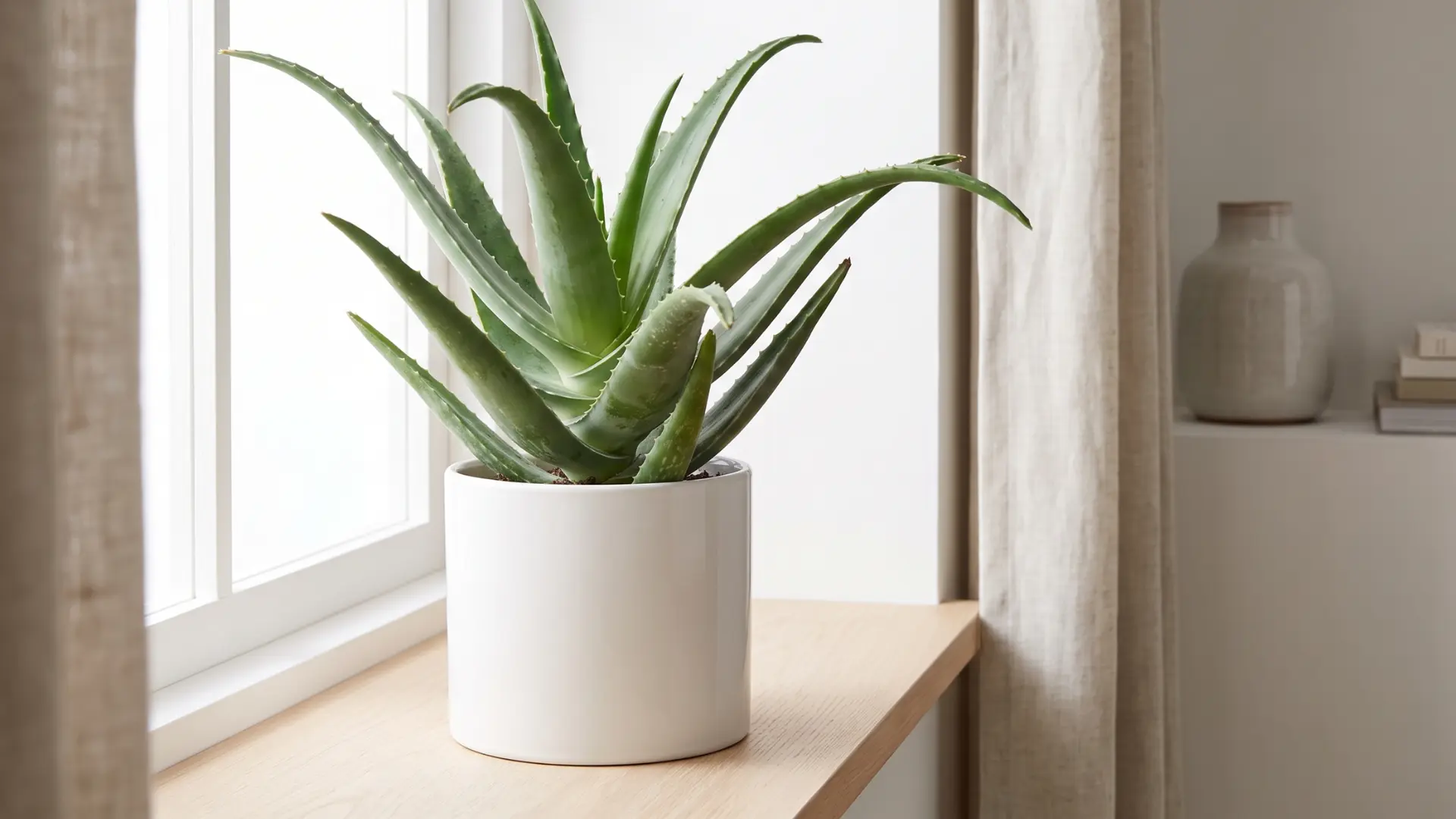 healthy aloe vera plant in a white pot beside a bright window in a calm modern indoor setting