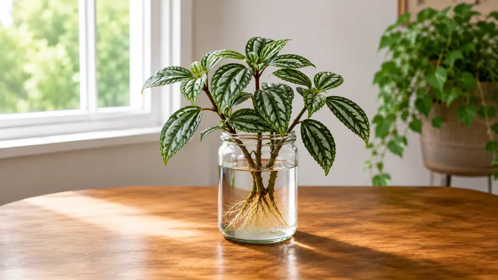 silver striped pilea cuttings rooting in a glass jar on a sunlit wooden table by a window