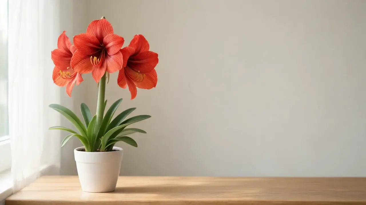 amaryllis with large red trumpet shaped flowers and broad green leaves blooming beside a bright home window