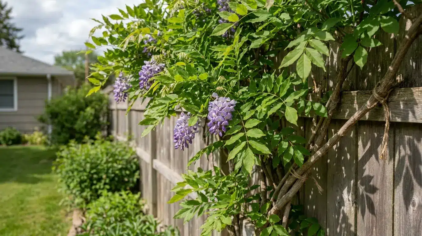 native wisteria with purple flower clusters and full green leaves growing along a wooden fence