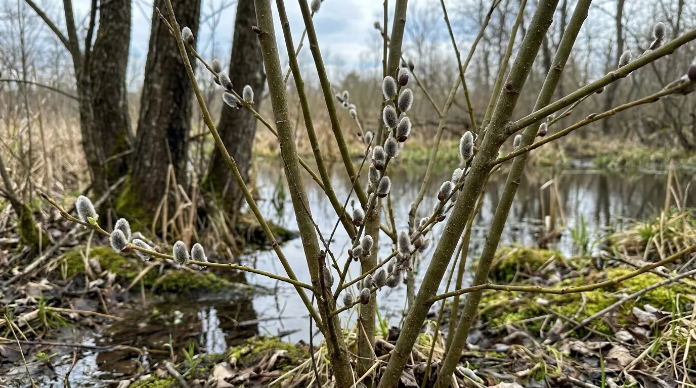 american pussy willow branches covered in soft silver catkins beside a wet woodland pond in early spring