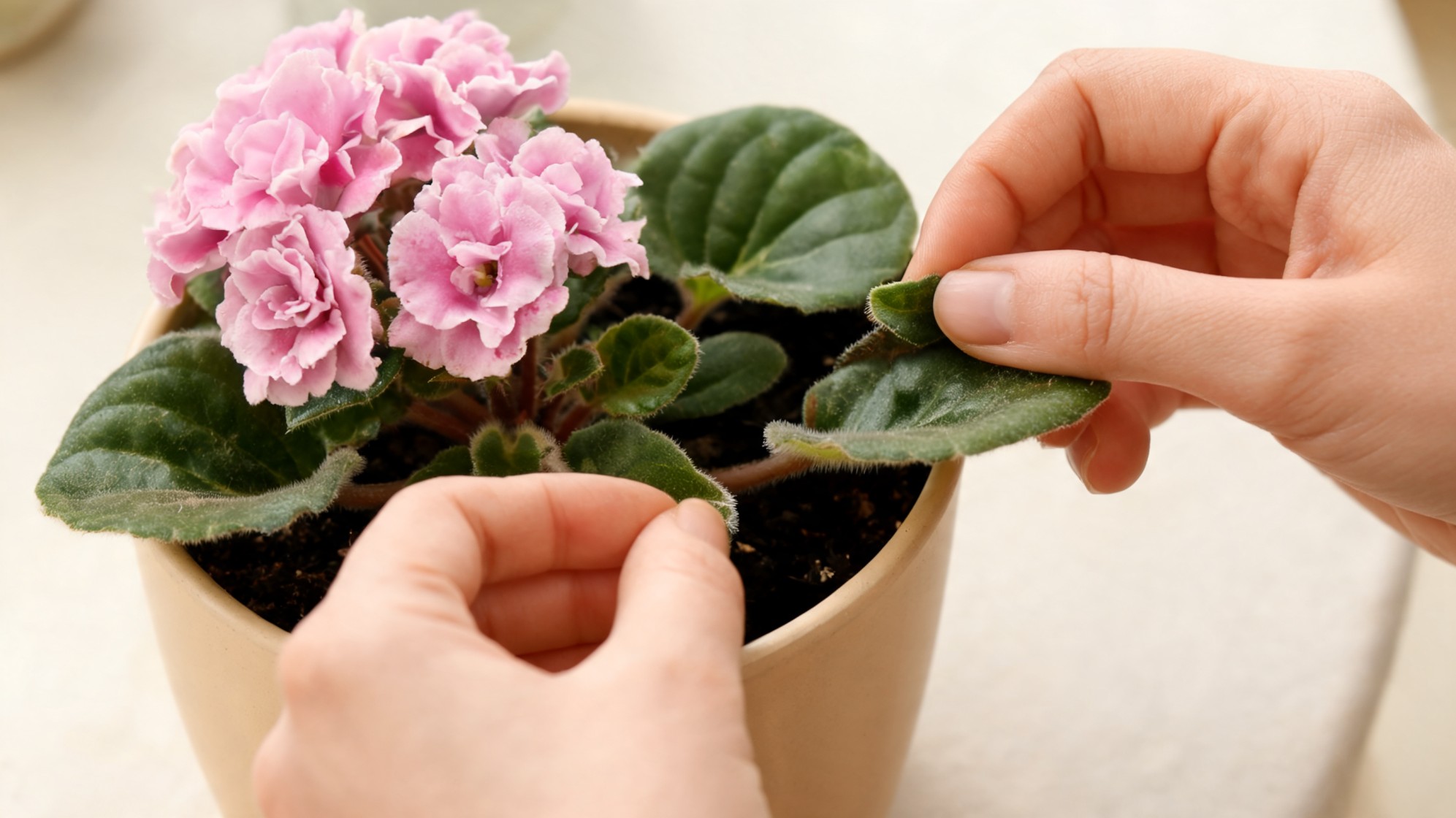 ands checking pink african violet leaves in a pot