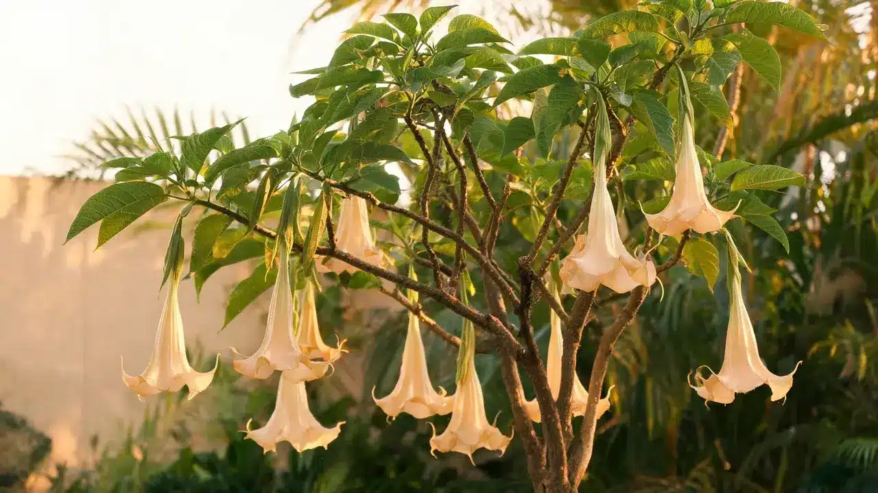 angels trumpet with large hanging trumpet-shaped flowers and broad green leaves in a lush garden setting