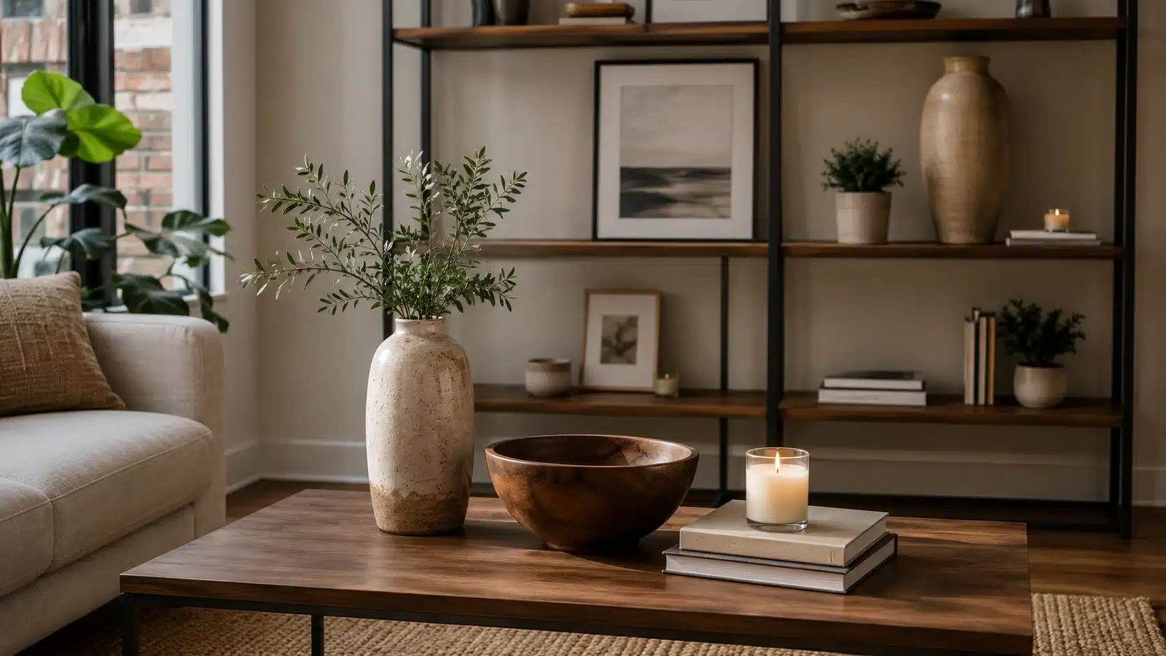 apartment interior design shelf styling with odd number decor groups vase bowl candle and plant