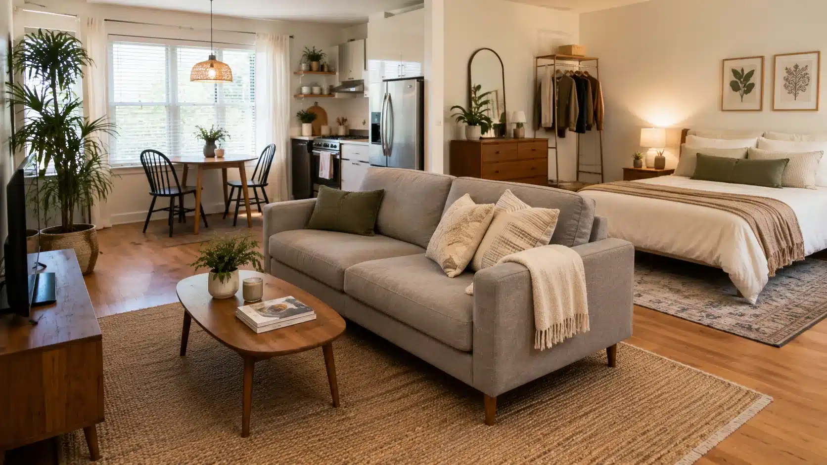 apartment interior design using rugs to zone living sleeping and dining areas in a studio