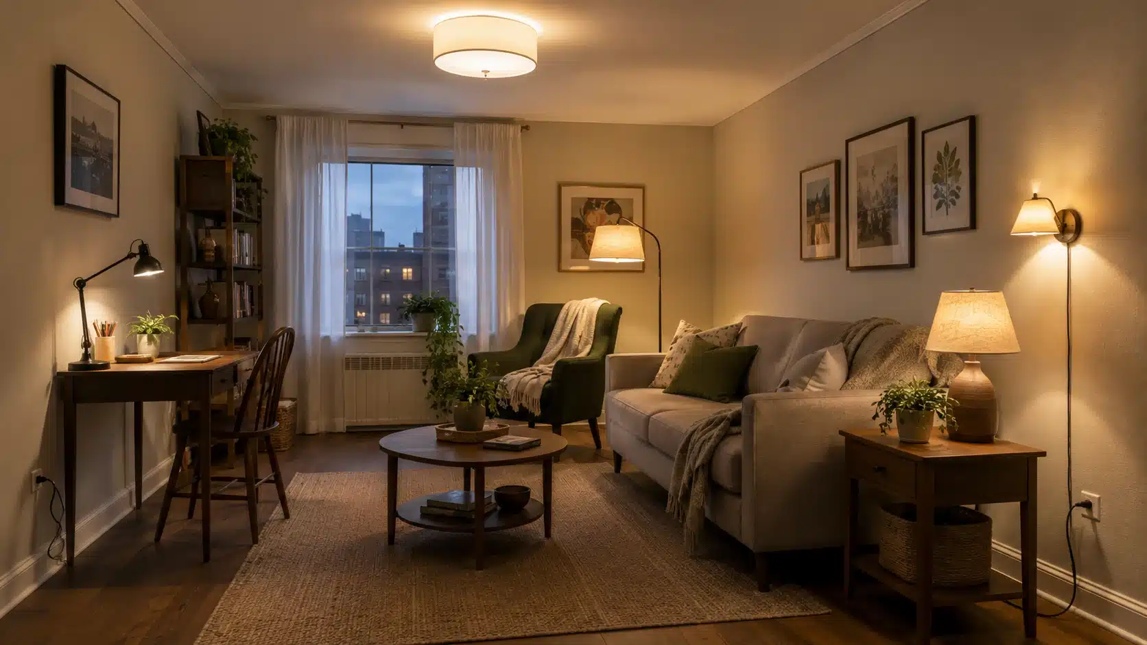 apartment interior design with layered lighting floor lamp table lamp sconce and warm evening glow