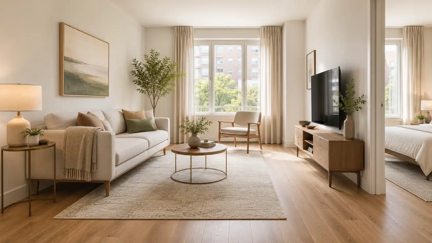 apartment interior design with leggy furniture raised sofa slim console and open floor space