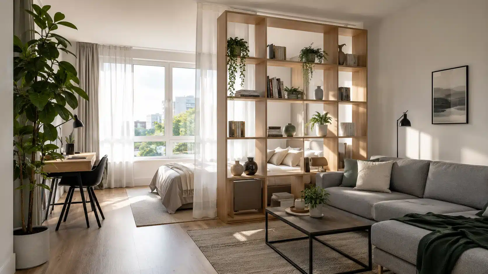 apartment interior design with open bookcase divider sheer curtain and light filled studio layout