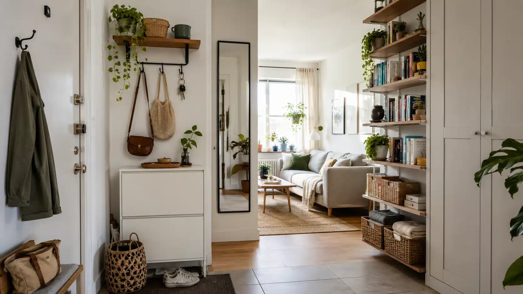 apartment interior design with vertical storage tall shelves wall hooks and clear floor space