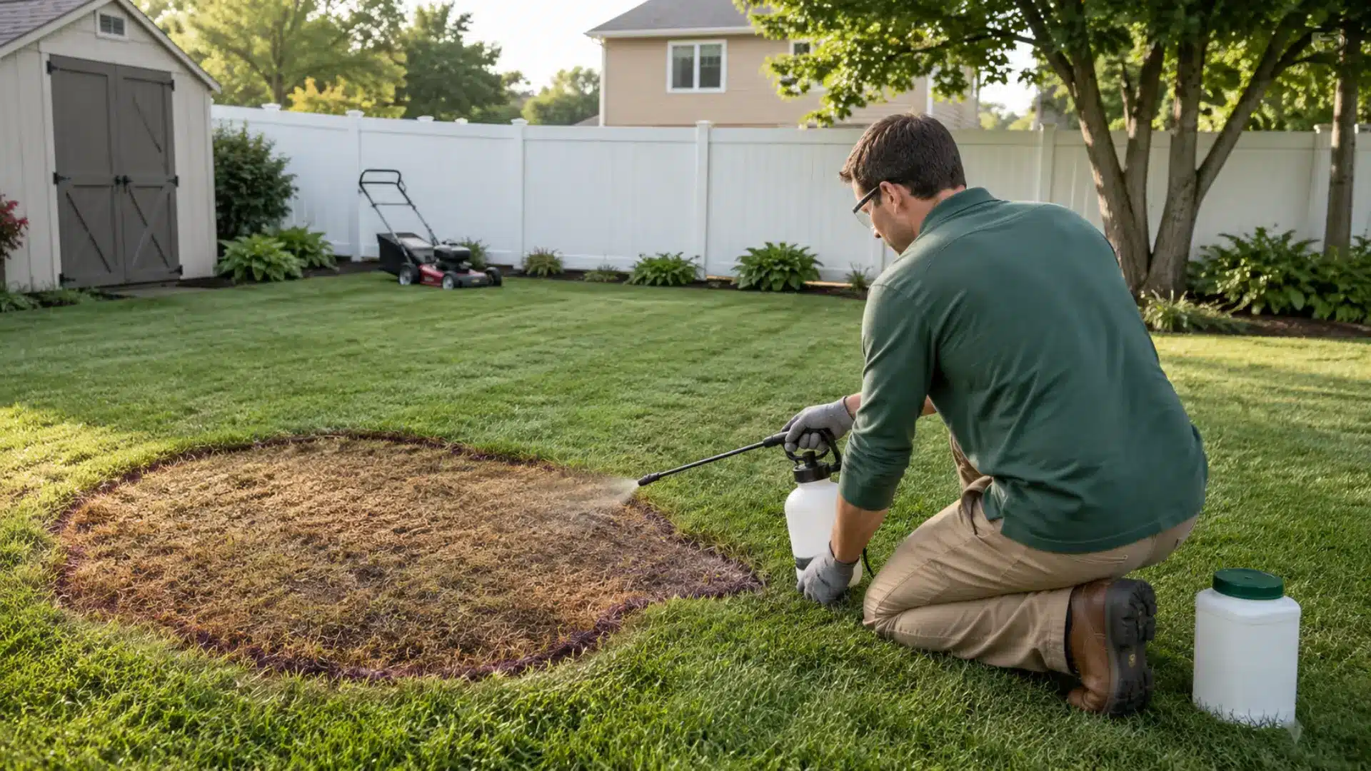 man kneels beside a large brown lawn patch applying liquid treatment from a hand sprayer