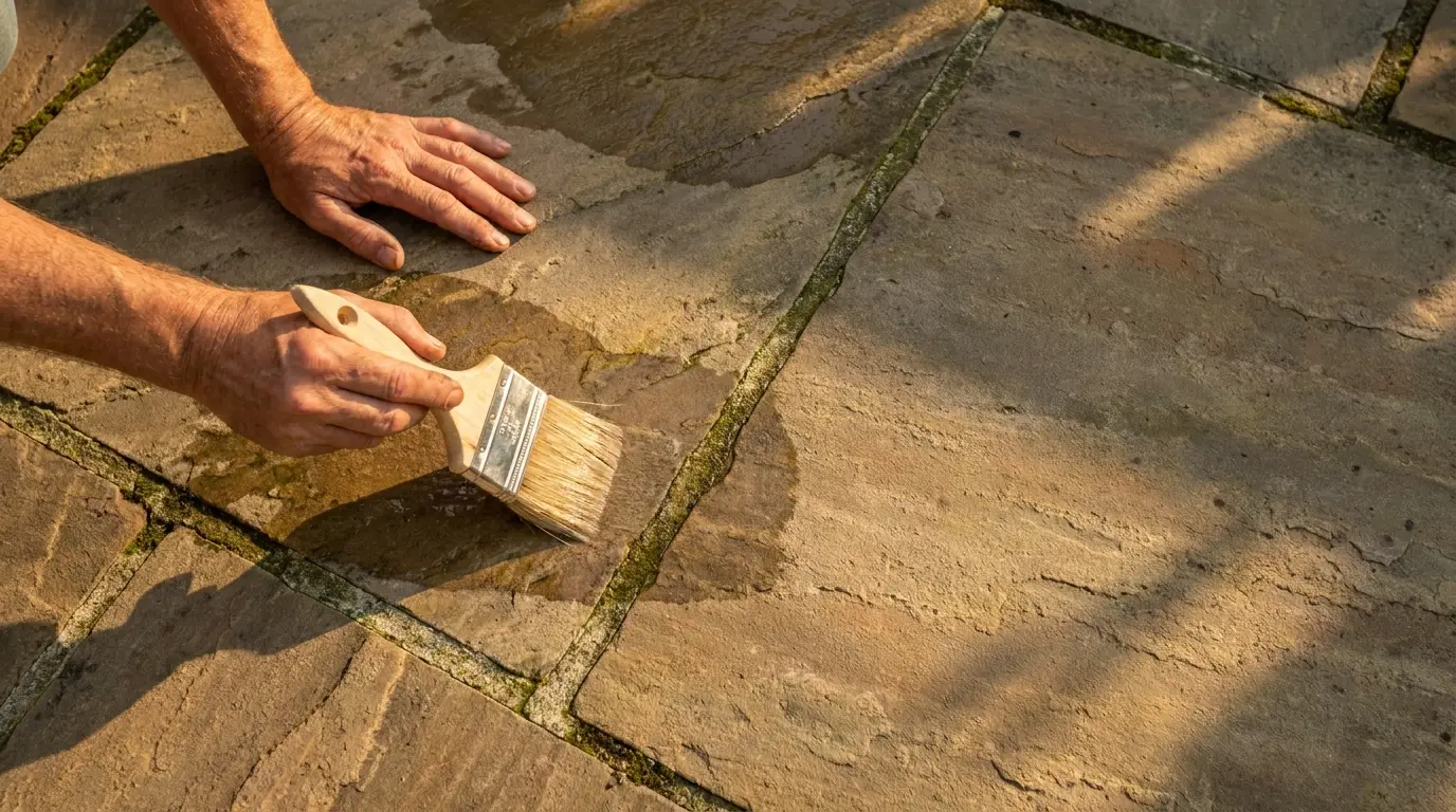 Hands applying sealant with brush on stone patio under sunlight