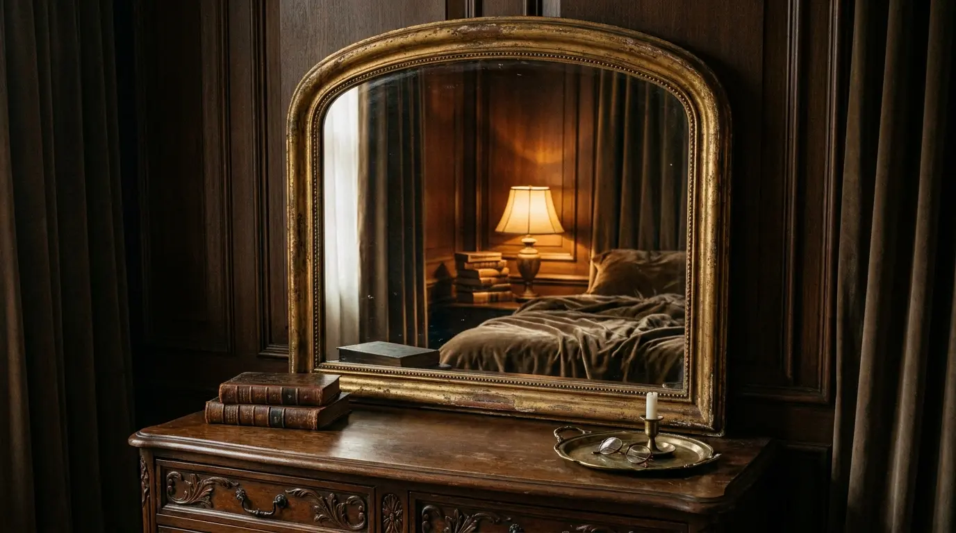arched antique mirror above a dresser reflecting warm light in a dark academia room