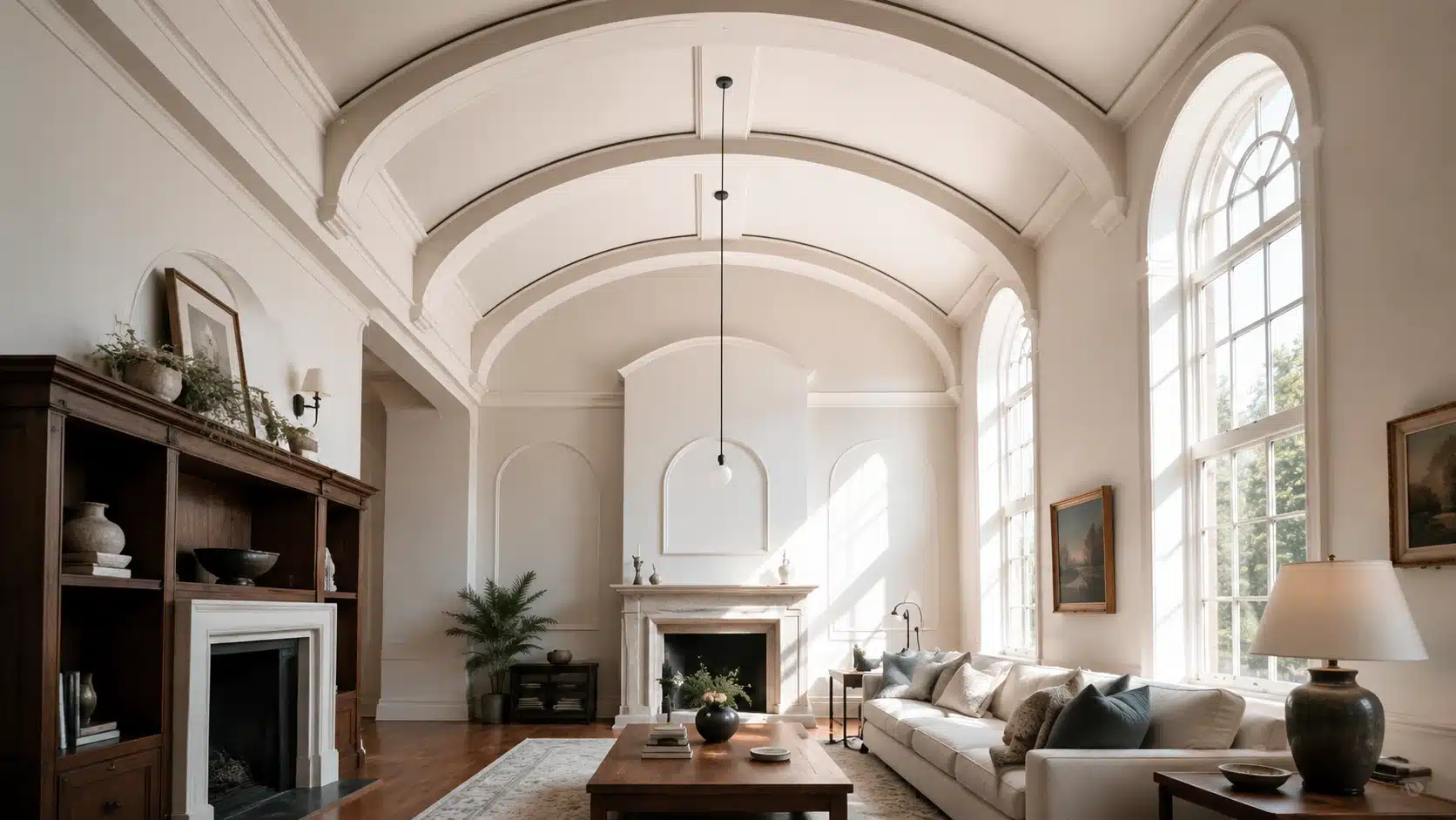 arched vaulted ceiling design in a bright living room with large windows white interiors fireplace and modern classic decor