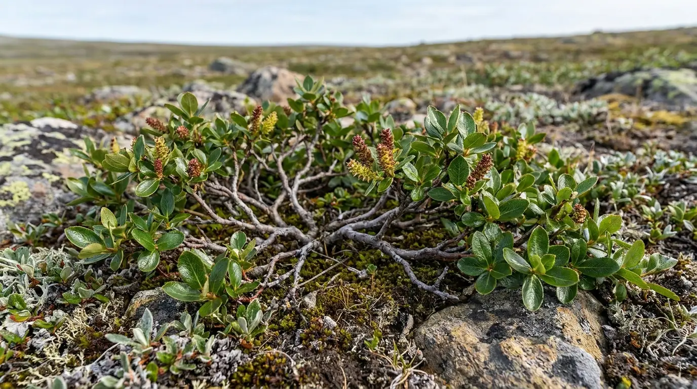 low arctic willow spreading across rocky tundra with glossy green leaves and small colorful catkins