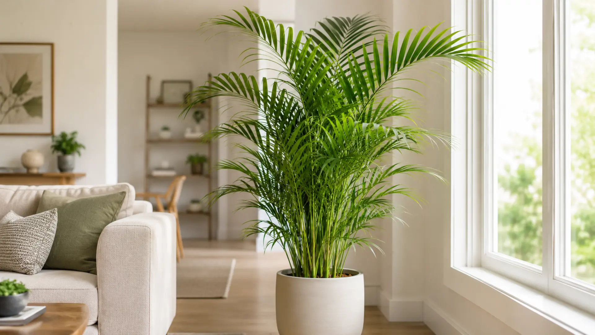 lush areca palm with arching green fronds in a cream pot beside a bright living room window