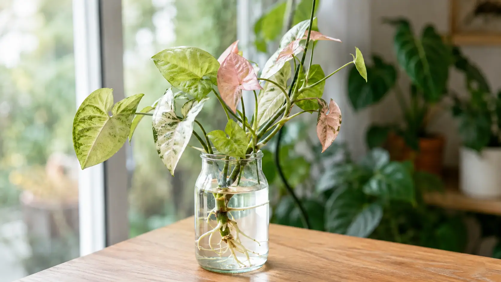 rooted pink and green plant cuttings in a glass jar of water on a wooden table by a bright window
