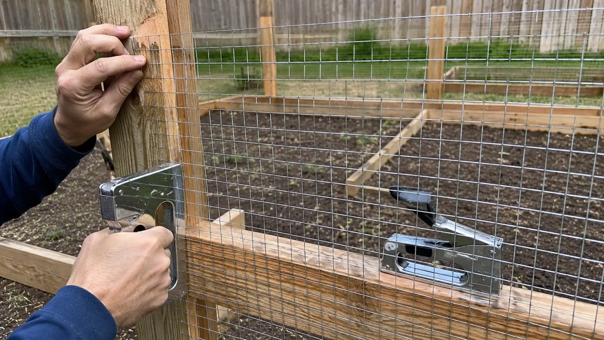 wire mesh stapled to a wooden post along a garden fence, staple gun resting nearby