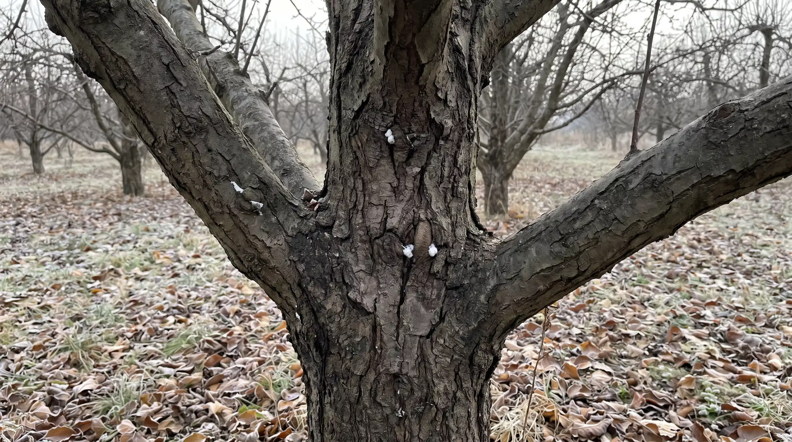 late autumn after leaf fall through in the wooly pest prey on the full grown trees