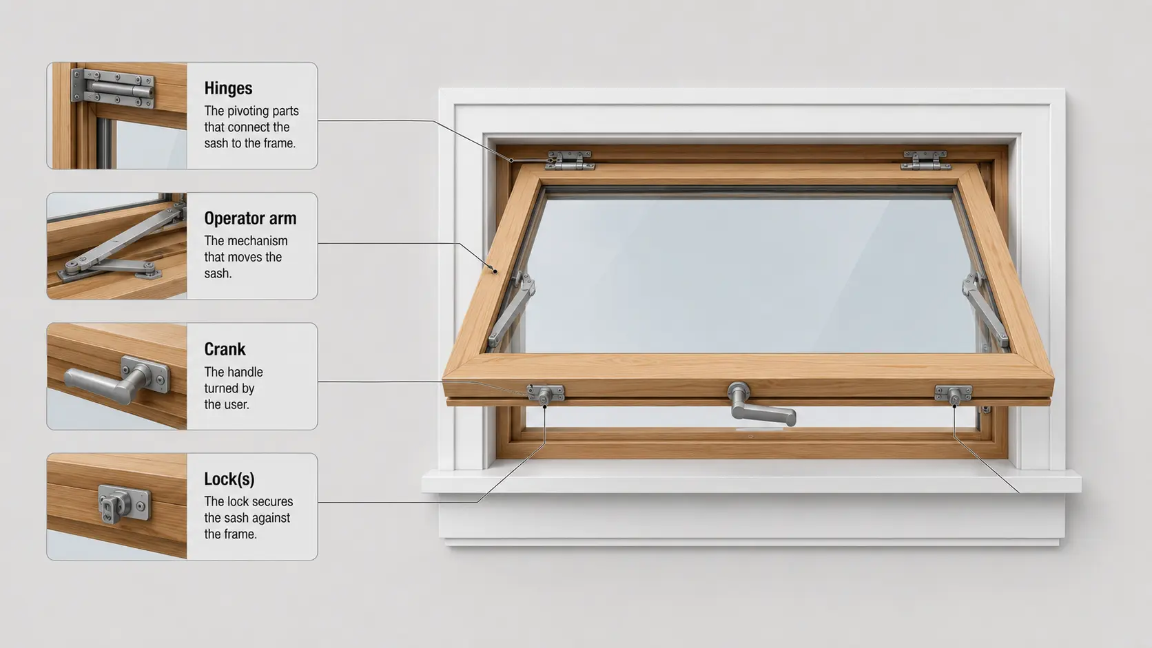 awning window diagram showing hinges operator arms crank handle and locks on an outward opening sash