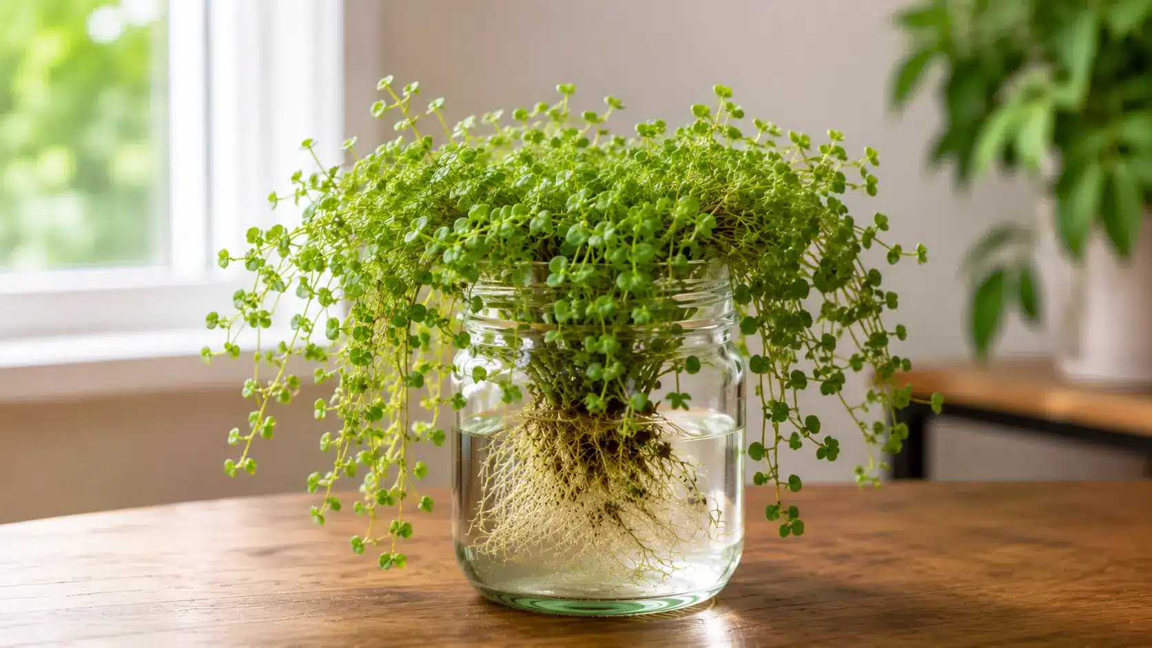 baby's tears plant spilling tiny green leaves over a glass jar filled with water and roots