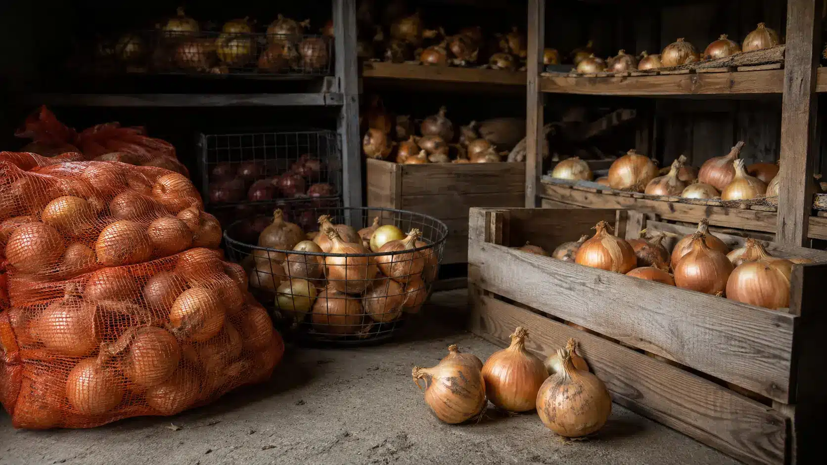 bags baskets and wooden crates filled with onions stored on shelves inside a rustic dark shed