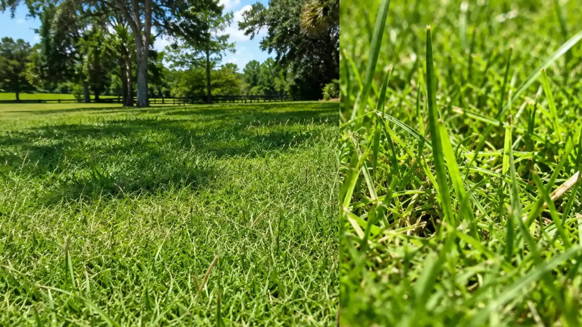 side by side views of a bahiagrass lawn and close up showing thin grass blades with dense natural texture