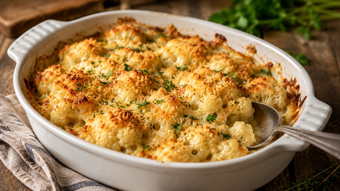 winter vegetables baked cauliflower gratin with golden crumbs herbs and creamy texture in a white dish