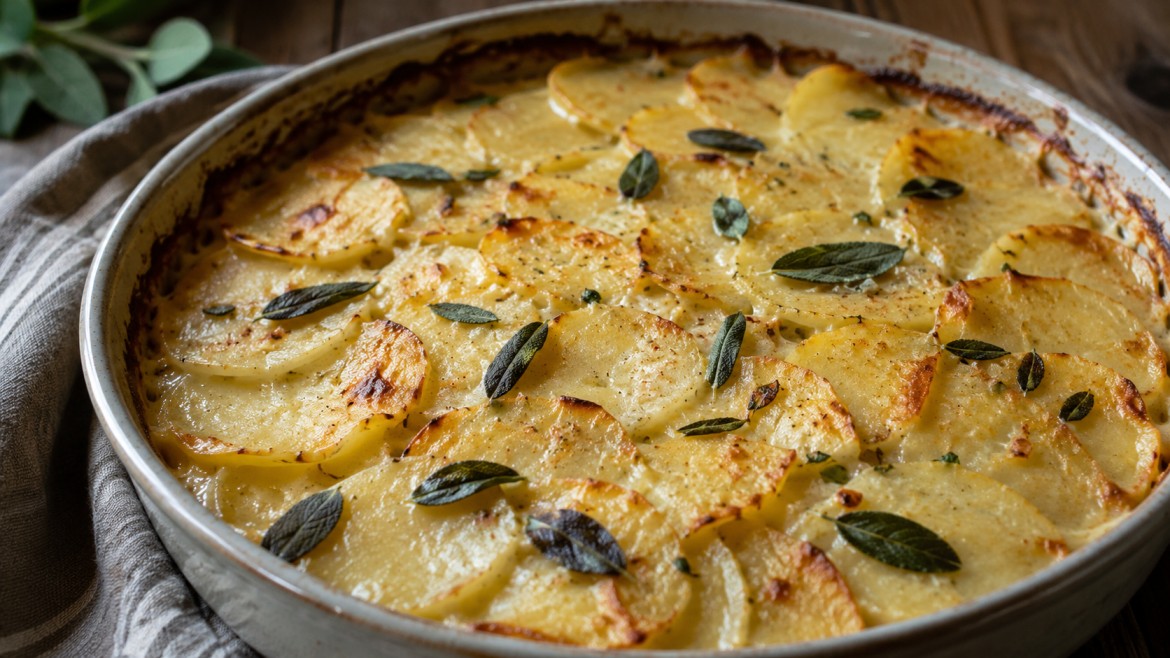 winter vegetables baked potato gratin with thin slices sage browned edges and creamy homemade texture