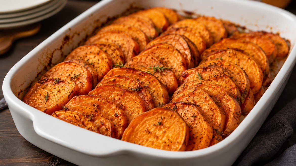 winter vegetables baked sweet potato casserole with herb seasoned slices in a white family style dish