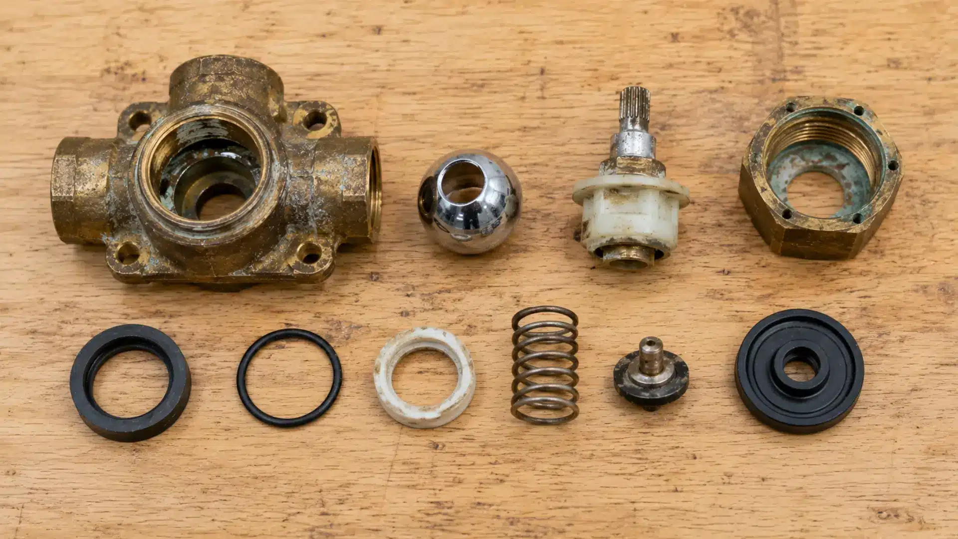 disassembled old ball shower valve with internal parts on repair bench